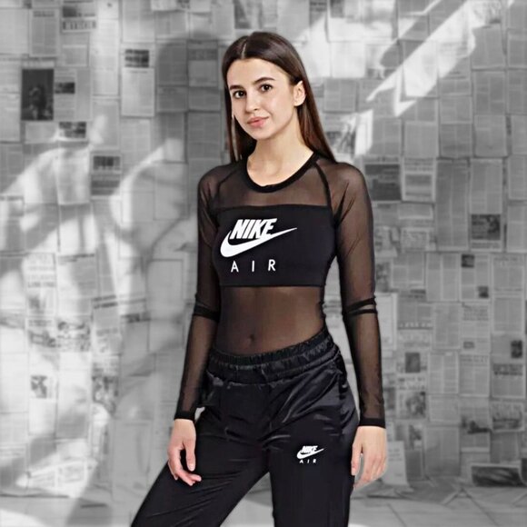 NIKE Air Long Sleeve Mesh Bodysuit Graphic Top Sheer Logo Nude Illusion Athletic - Picture 5 of 12
